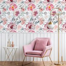 17.32*393.7 Inch /17.32*118.11 Inch Hand-Painted Watercolor Flower Renovation Furniture Covering Sticker White Self-Adhesive Wallpaper PVC Waterproof Floral Removable Home Decoration Pink Peel And Stick Wallpaper