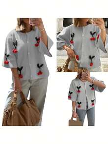 Women's Summer Knit Tops Half Sleeve O Neck Button Up Cherry Embroidery Knitwear For Party - Grey - View 2