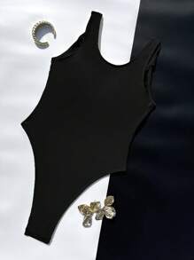 1pc Women's Black Spaghetti Strap Twist Front One-Piece Swimsuit - Black - View 5