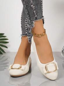 Girl Low Heel Slip-On Pumps, Comfortable Breathable Pointed Toe Chunky Heel Casual Work Shoes, Fashion - Beige - View 3