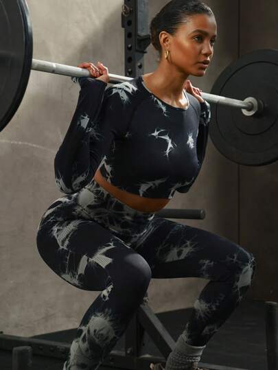PinkTip Black & White Tie-Dye Long Sleeve Athletic Set - Quick-Dry Breathable Stretchy Outdoor Sportswear For Hiking, Running, Gym Workouts"