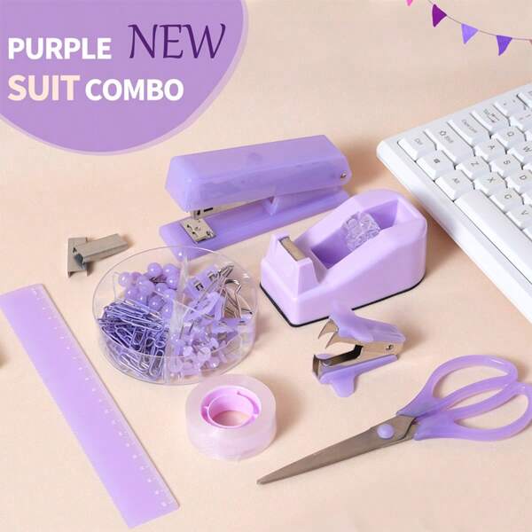オフィスデスクアクセサリーセット ピンク ブルー グリーン パープル オフィス用品 男女兼用、可愛いオフィス用品 ステイプラー、はさみ、クリップ、定規、テープ付き、学生文具セット、学校用品、新学期