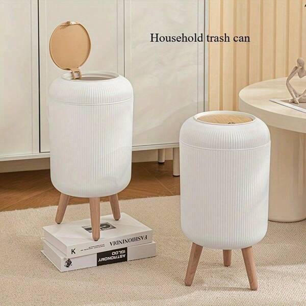 2.64gal Odor-Blocking Trash Can With Lid - Sleek Round Wood Grain Design, Press-To-Open Plastic Waste Bin For Kitchen, Bathroom, Office - Available In White/Green