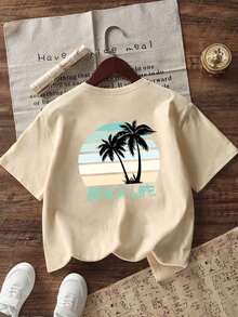 Tween Girl Casual Fun Print Crew Neck Short Sleeve T-Shirt, Summer Top - Apricot - View 1