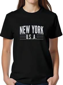 Camiseta de  New York USA, 180g de algodón, cuello redondo casual, manga corta, estilo urbano y moderno, tejido cómodo y suave con impresión de calidad, ideal para verano y primavera, look fresco y contemporáneo, moda juvenil y versátil, perfecta para combinar con jeans o faldas, prenda básica del guardarropa. - Negro - Ver 1