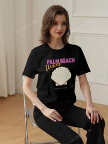 Ladies' Summer Leisure Vacation Style Letter Shell Print Pattern Round Neck Short Sleeved T-Shirt Fashionable And Versatile Women's Top Graphic Tees Women White Top Pink Top