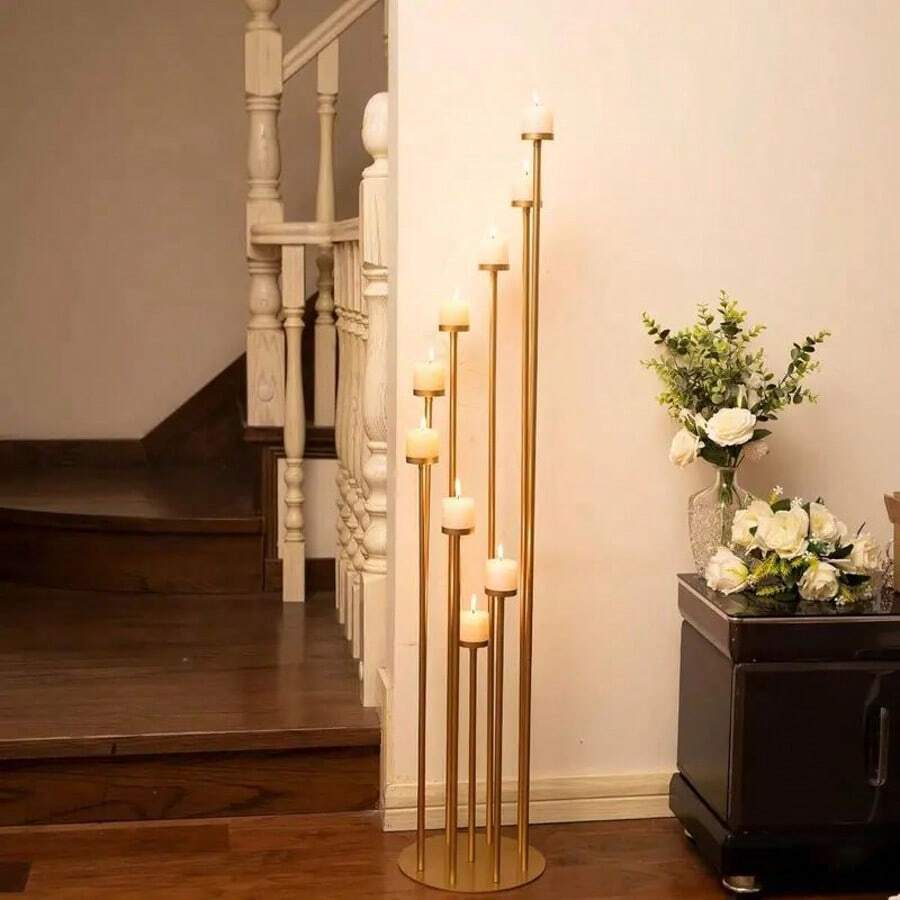 9-Arm Candle Holder, Floor Candelabra For Fireplace Decor, Gold/Black Metal Candle Stand For Pillar Tealight Candles, Suitable For Wedding, Christmas, Home Decor, Birthday Party
