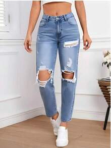 Pantalones vaqueros rotos y casuales de tela vaquera versátiles y de moda tipo 'mom', de ajuste relajado para uso diario y viajes, ideales para primavera/verano - Azul - Ver 7