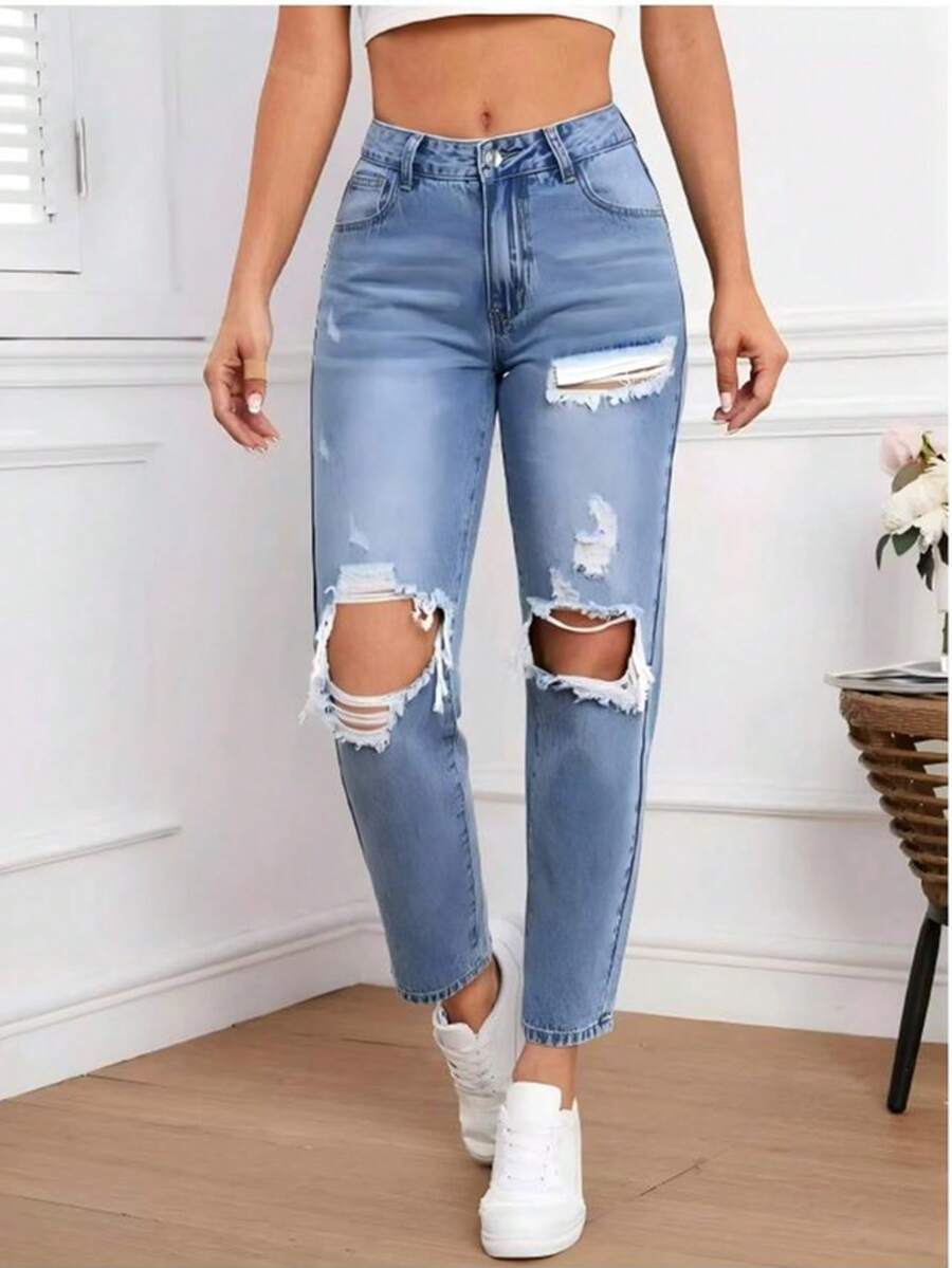 Mobula Sound 百搭时尚休闲牛仔破洞妈妈牛仔裤，春夏宽松日常旅行裤 - 藍色 - 查看 1