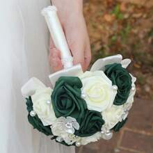 Wedding Flower Bouquets For Bridal Dark Green White Roses Pearl Artificial Handheld Floral - 綠色 - 查看 4