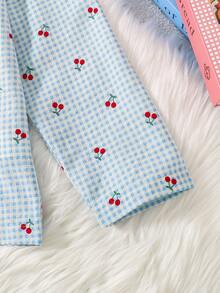 两件套可爱泡泡褶樱桃印花女童长袖长裤睡衣，舒适的面料和领口设计，非常适合春秋季睡衣派对和轻松的夜晚 - 淺藍色 - 查看 7