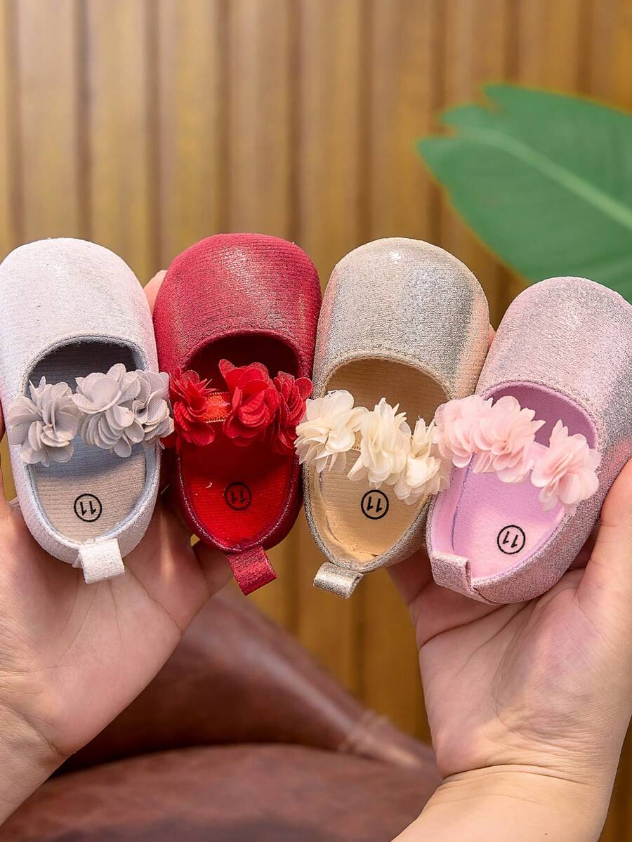 1 双婴儿女孩花卉松紧带平底可爱公主鞋，适合所有季节日常穿着，幼儿 - 粉色 - 查看 1