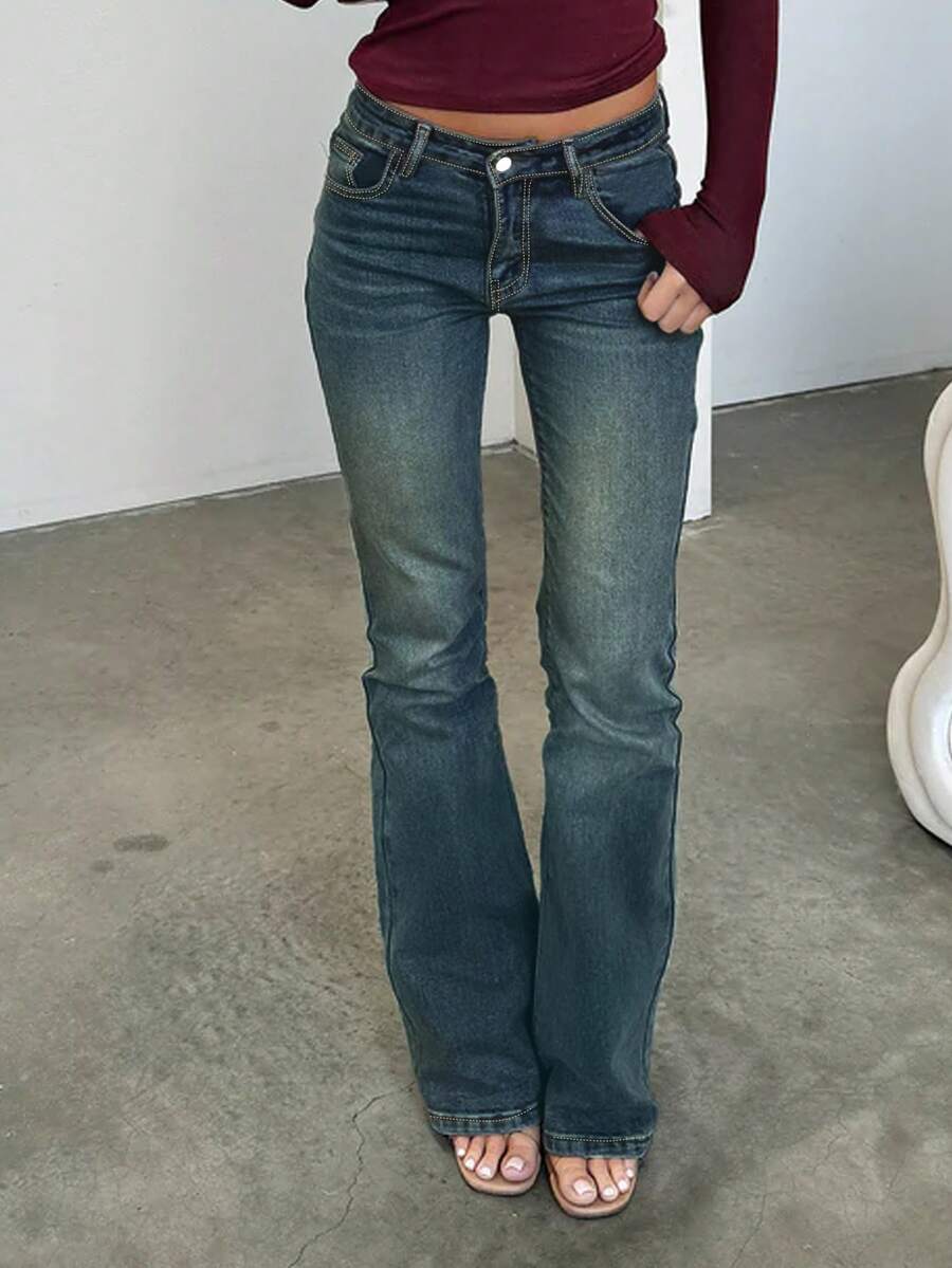 Cross-Border Women's Four Seasons Explosion Models Mid-Waist Slim Versatile Simple Elegant Wind Thin And High Washed Solid Color Women's Flared Pants - Dark Wash - View 1