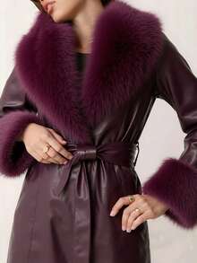 Elegant Women's Long PU Leather Coat With PU Leather Belt, Luxurious Faux Fur Collar And Cuffs, Suitable For Holiday, Birthday Party, Formal Evening, Everyday, Travel, Autumn/Winter