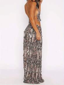 Women's Summer 2Pcs Outfits Solid Color/Snake Print Halter Tank Tops + Low Waist Slim Long Skirt Set Party Clothes - Dark Brown - View 4