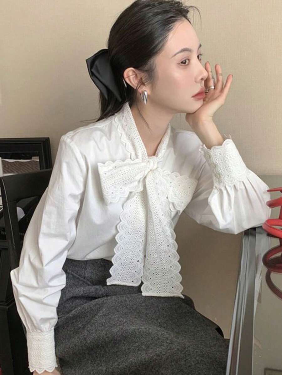 Women's Delicate Lace Bowknot Blouse, Versatile - White - View 1