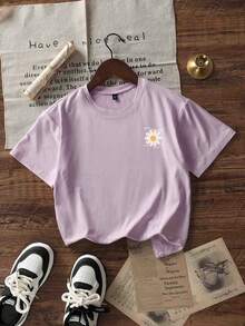 女童和青少年学生休闲印花紫色圆领短袖T恤，夏季上衣 - 紫色 - 查看 4