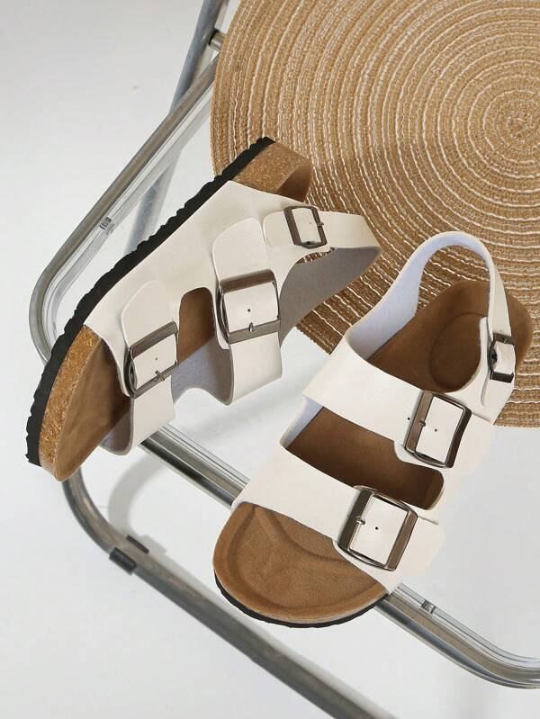 2025 Sandali in pelle da uomo con tomaia monocolore, suola in sughero morbida, ciabatte da spiaggia confortevoli, adatte per uso quotidiano, passeggiata, casual, taglie grandi, cinturino regolabile con decorazione fibbia in metallo, disponibili nei colori bianco, nero, marrone, taglie 37-47 unisex