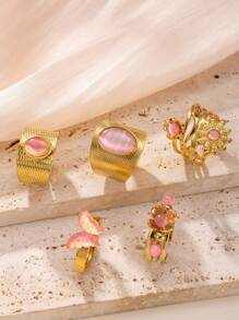 5 件复古不对称猫眼蝴蝶不锈钢可调节戒指套装，适合男女，适合节日、婚礼、订婚、约会、日常佩戴 - 金色 - 查看 5