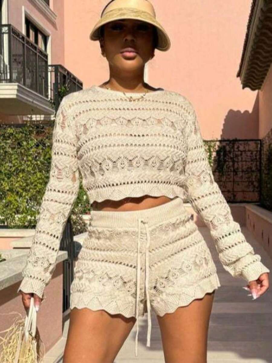 Women's Solid Color Hollow Out Long Sleeve Cropped Top And Comfortable Loose Shorts Set - Apricot - View 1