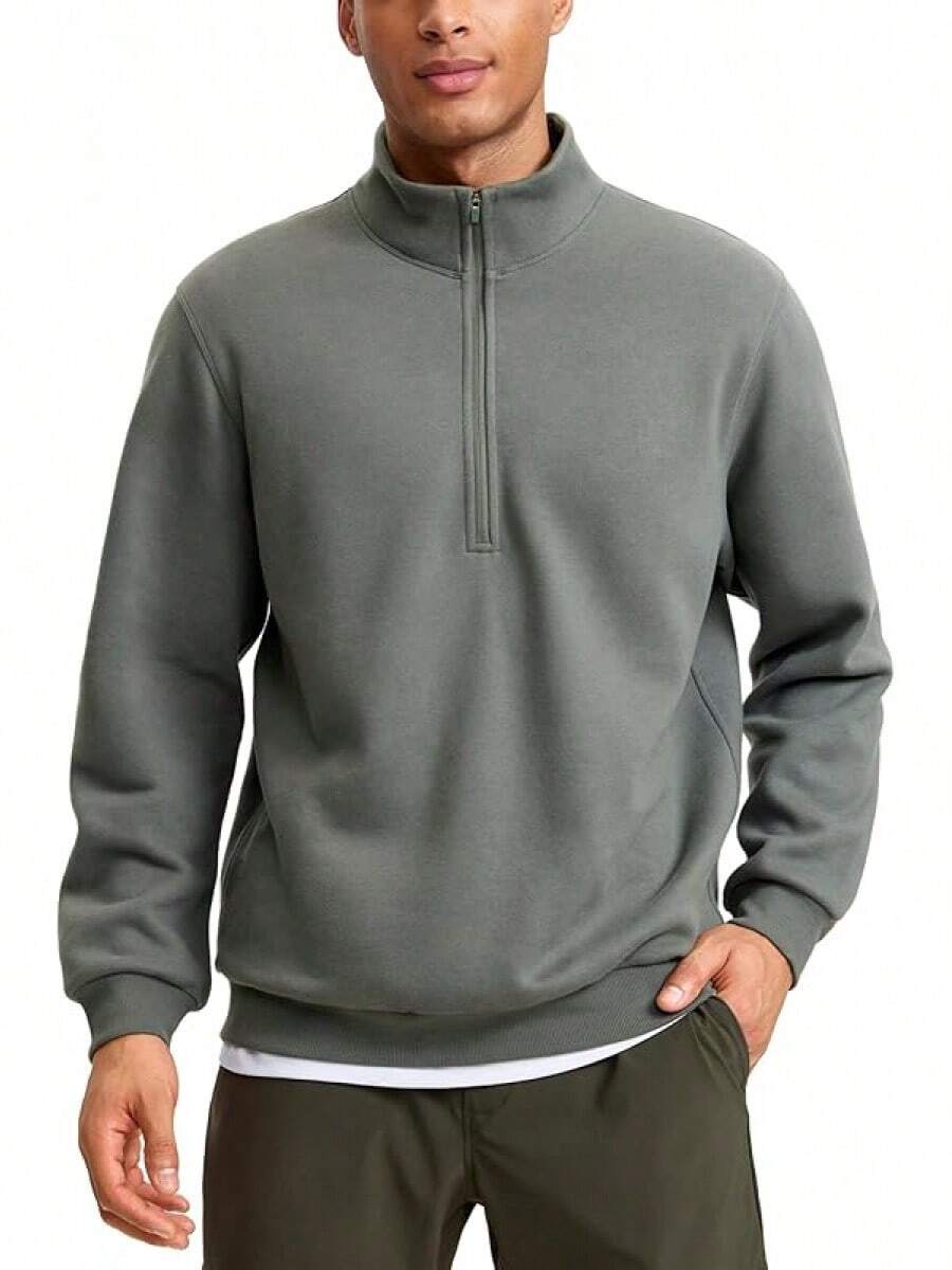 Cotton Fleece Lined Half Zip Mock Neck Men's Sweatshirts - Casual Workout Daily Wear - 灰鼠尾草 - 查看 1