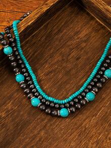 Vintage Beaded Necklace, Retro Western Style Turquoise Necklace Suitable For Women, Handmade Multilayer Beaded Jewelry Set Of 3, Versatile Accessory - Multicolor - View 4