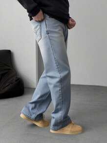 Logeqi® Jeans Vaquero Azul Negro Versátil Ripped Baggy Para Hombre - Azul - Ver 4