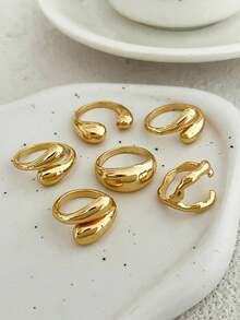 6pcs/Set Vintage Minimalist Alloy Molten Lava Teardrop Design Open Rings, Asymmetrical Fashionable Thick Metal Gold Tone Ring Set.Suitable For Women's Daily Commute,Perfect Gift For Birthdays, Holiday Gifts, And Parties. Suitable For Daily Wear And Holiday Celebrations, Suitable For All Seasons, And Is An Ideal Choice For Holiday Accessories. - 金黃色 - 查看 5