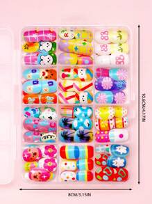 NAIO 288pcs/Set (12 Mixed) Short Square Round Colorful Cute Cartoon Pattern Nails Lovely 3d Press-On Nails Perfect Fit Acrylic False Nails Set, Children's Nail Stickers Full Coverage False Nail Stickers Press-On Nails With Storage Box, Nail Art For Girls And Children Daily Wear And Family Gatherings, Pink Girl Style