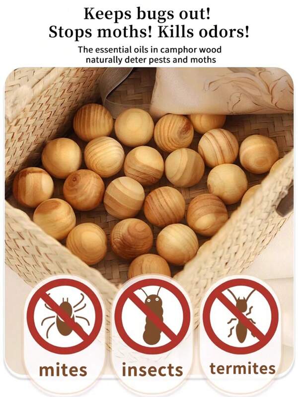 25 piezas/50 piezas/100 piezas Bolas de madera de alcanfor en bolsa de red con cordón, diámetro de 1,8 cm, antiinsectos y polillas