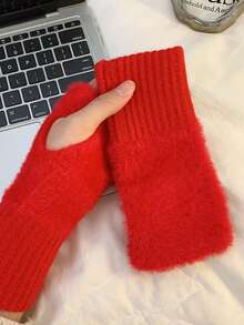 1 Paar einfache Plüsch-Patchwork-Strickhandschuhe, stilvolle, elegante, weiche und warme fingerlose Handschuhe für Herbst und Winter, kältebeständig, mit elastischem Handgelenk