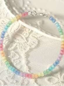 1pc Handmade Rainbow Beaded Bracelet With Cat Eye Stone Accents, Cute Design For Girls (Actual Size May Vary)