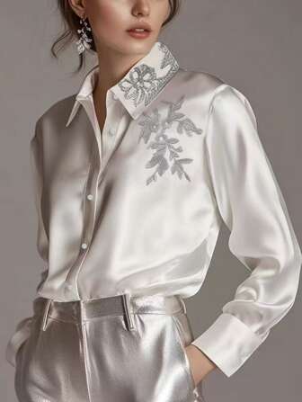 Elegant Silver Floral Embroidered White Satin Blouse