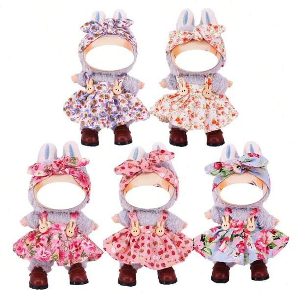 17 cm hoge pluchen poppenoutfit, klassieke brede bandjes, konijnenknoopjesjurk met bloemenmotief + strikhoofdband, accessoire voor het verschonen van poppenkleding, cadeau voor festivals, lente, buitenactiviteiten en feesten