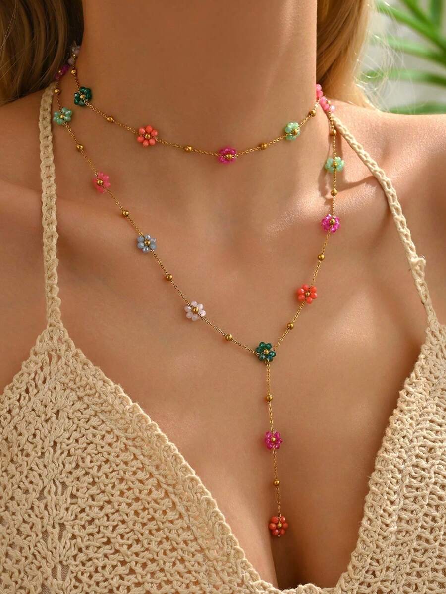1pc Summer 2025 New Colorful Crystal Flower Decor Y-Shaped Titanium Steel Beaded Necklace, Suitable For Beach, Vacation, And Casual Occasions