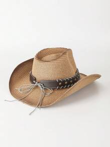1pc Casual Bull Star Pattern Boho Rivet Bow Straw Sun Hat, Fashionable Versatile Beach Holiday Shade Hat For All Seasons