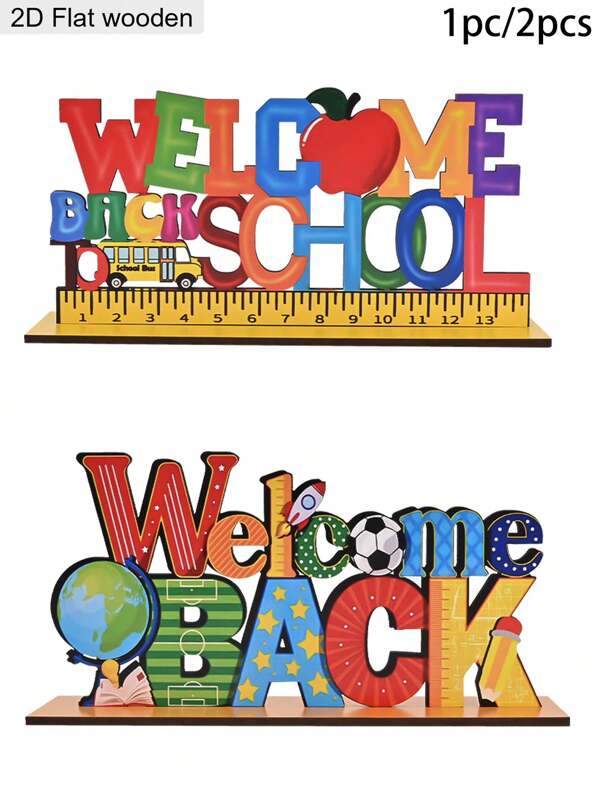 1pc/2pcs 2D Flat School Season Wooden Table Decor - Welcome Back Sign, Rocket Soccer Globe Pencil Pattern, Wooden Splicing Desktop Ornament, Home Decor, Holiday Party Decor Supplies, Art Craft Plaques And Ornament