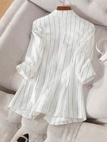Women's Spring And Summer Pinstripe One-Button Centre-Sleeved Casual Blazer - White - View 2