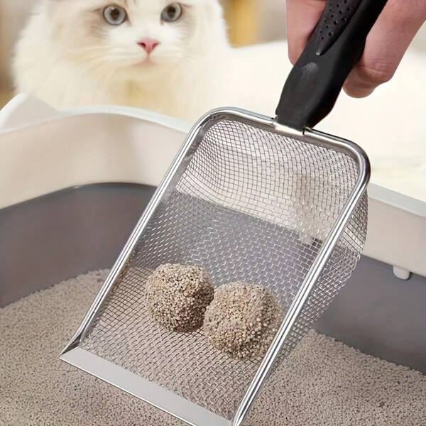 1 pieza Pala para arena de gato de acero inoxidable, recogedora de desechos de mascotas de metal durable, herramienta práctica para perros y gatos, herramienta de limpieza de reptiles, diseño de pala profunda para una limpieza fácil, extra grande, cara de tamizado ancha, filtración eficiente, fácil de limpiar - Herramienta ideal para la limpieza de cajas de arena para gatos