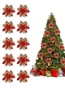 10 Piezas Decoración navideña, Flores artificiales brillantes de Navidad en rojo y dorado, Decoración de árbol de Navidad con destellos, Decoración navideña para el hogar, Corona de Navidad, Decoración de centro de mesa, Decoración de boda, Adornos navideños, Colgantes navideños, Artículos para fiestas navideñas, Regalos de fiesta de Navidad, Feliz Navidad, Obsequios para fiestas navideñas, Decoración navideña