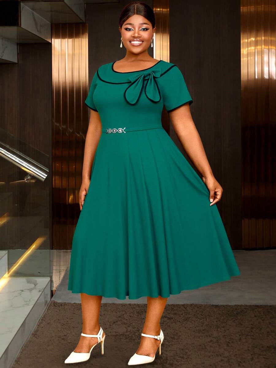 AOMEI Women Plus Size Dresses Round Neck Color Block Short Sleeve Belted A Line Midi Dress With Bowtie - Green - View 1