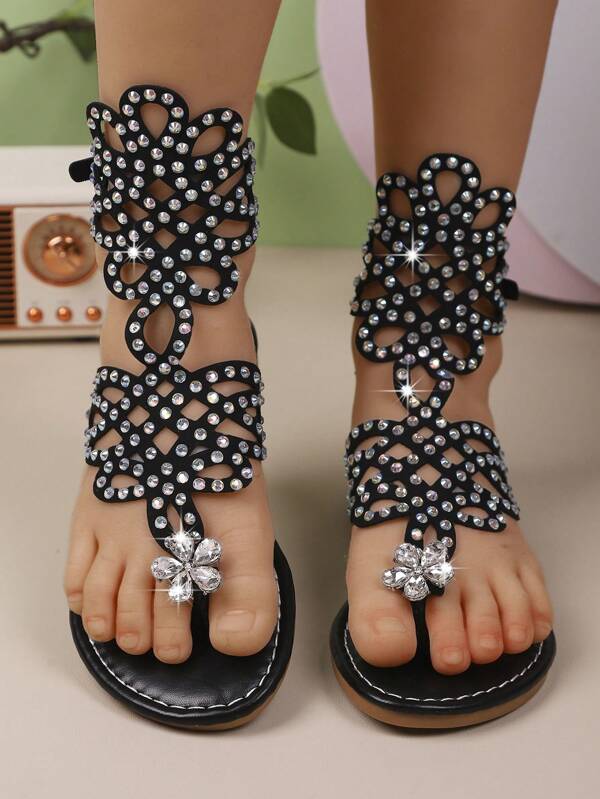 1 Pair Shiny Fashion New Summer Chinese Knot Design Girls' Rhinestone Decor Flat Sandals, Suitable For Children Aged 3-15 Years Old For Outdoor, Travel, Beach, Party & Performance