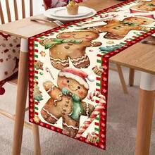 1 pieza Camino de mesa navideño con diseño de hombre de jengibre y decoración de caramelos, decoración roja y verde para restaurante, fiesta, interior/exterior, decoración de mesa de lino para fiesta de Navidad vintage - Fácil de limpiar - Decoración navideña de hombre de jengibre, Fibra de poliéster de alta calidad para el hogar - Multicolor - Ver 24