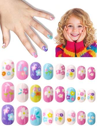  24片儿童按压式指甲贴纸 Naio 儿童人造指甲贴 预粘全覆盖短款亚克力指甲 适合女童儿童指甲装饰（浪漫花朵）