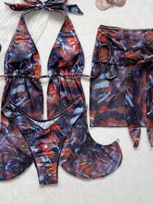 Women's Sexy Summer Beach Vacation Style All-Over Print Backless Tie-Knot Halter Bikini Set - Multicolor - View 3