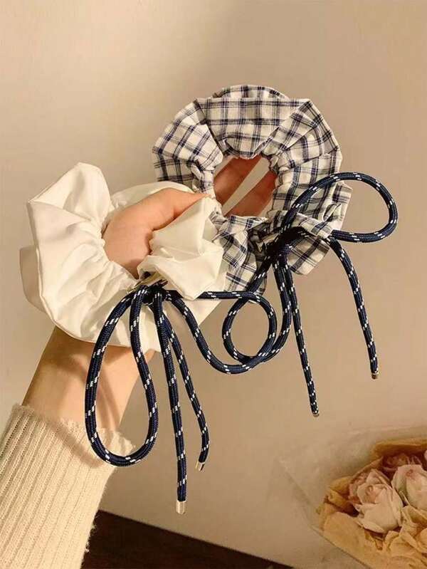 Nuevos y premium Scrunchies ajustables con cordón y lazo en estampado de cuadros azules, accesorios de moda versátiles para el cabello