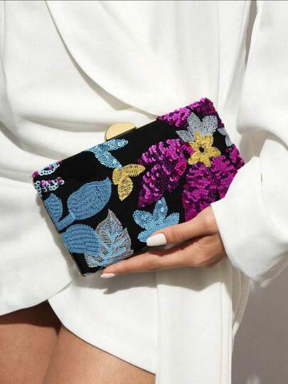 Sequin Embroidered Floral Pattern Clutch Bag, (Unique Design), Elegant & Sophisticated Fashion Handbag For Women, Metal Chain Strap, Suitable For Party, Wedding, Prom, Halloween