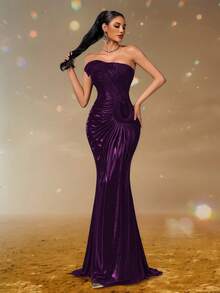 Elisanya 女士紫色天鹅绒单肩晚礼服，优雅紧身美人鱼礼服，露肩修身舞会礼服，奢华伴娘礼服，性感派对礼服，适合盛大婚礼活动 - 紫色 - 查看 7