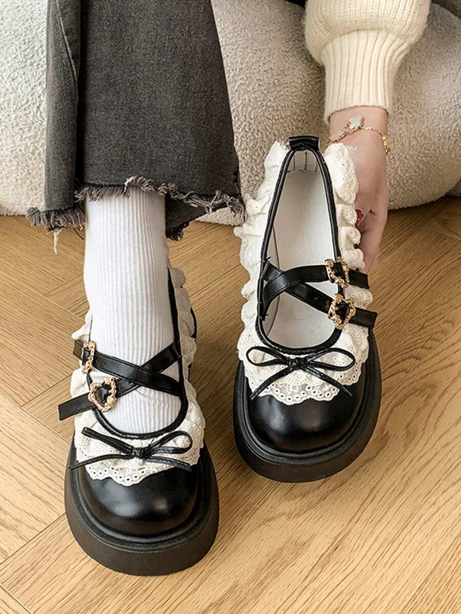 8cm Platform Lolita Loafers, Punk Rock Goth Lolita Style Thick Sole Creepers For Petite Women - Black - View 1