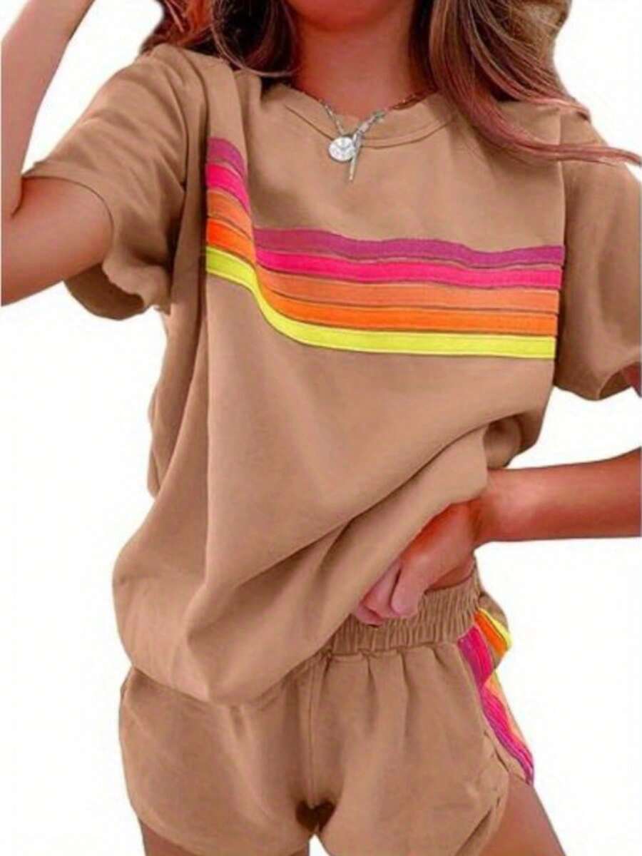 2 Piece Lounge Sets For Women Summer Rainbow Striped Tops Casual Shorts Color Blocked Suit Sweatshirts Set - Nâu nhạt - Xem 1
